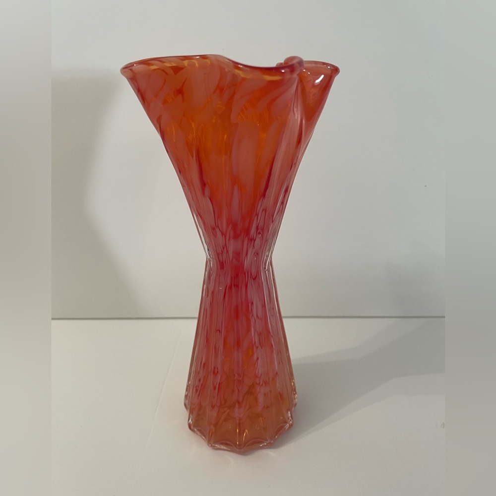 Vintage Pink and Orange Art Glass Ruffled Top Vase Silhouette 7” H